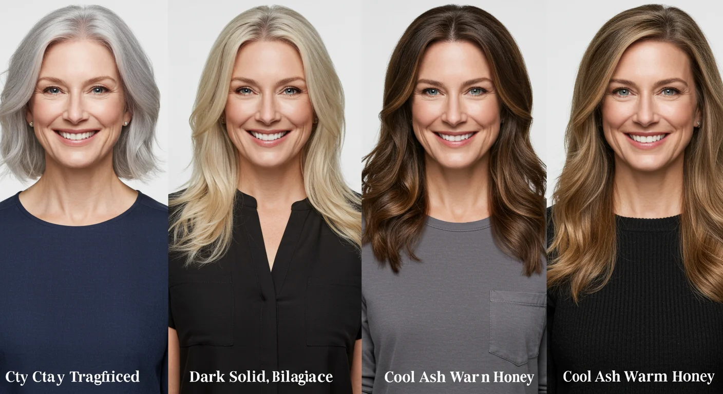Four women showing different hair color transformation types from flat to dimensional