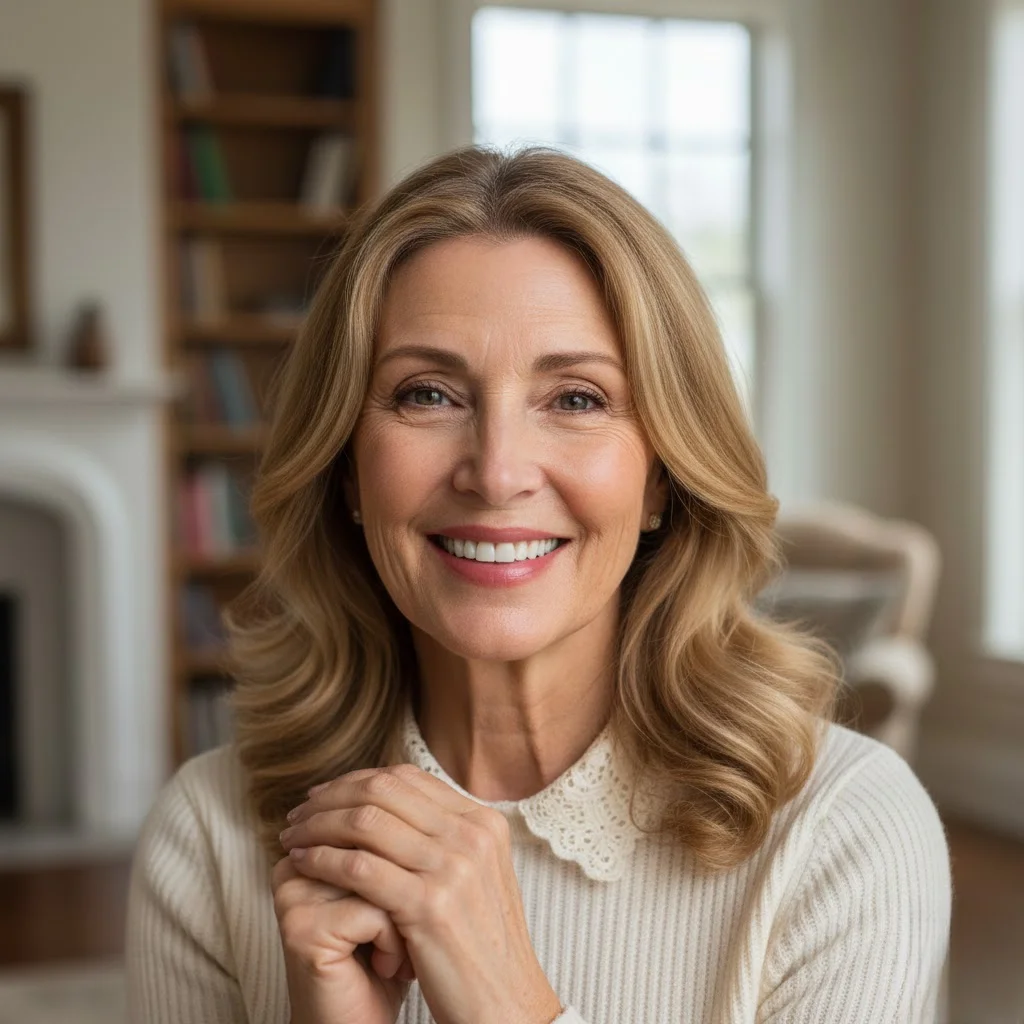 Elegant woman over 60 with youthful honey blonde hair smiling naturally