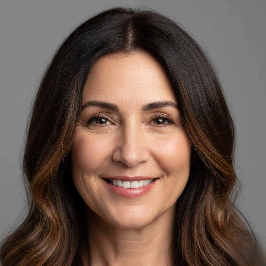 Mature woman with soft caramel highlights brightening her complexion