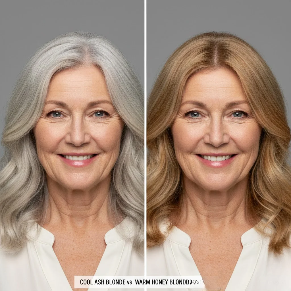 Side by side comparison of cool vs warm hair tones on mature skin
