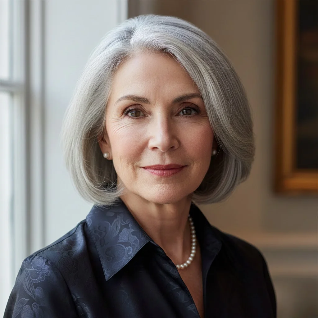 Woman with elegant silver gray hair styled beautifully