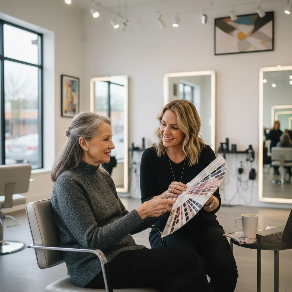 Woman in salon chair discussing hair color options with stylist