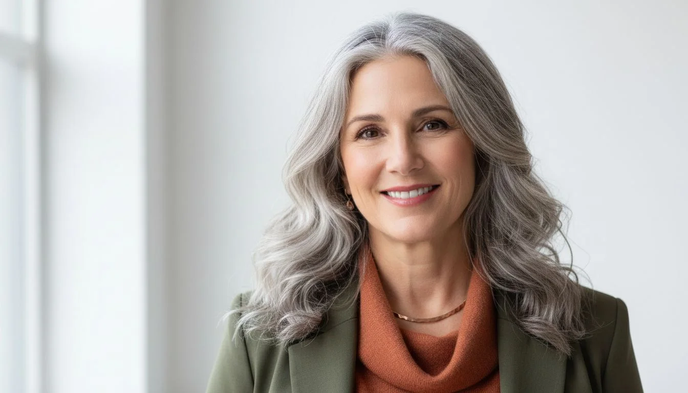 Confident woman with vibrant silver gray hair smiling naturally