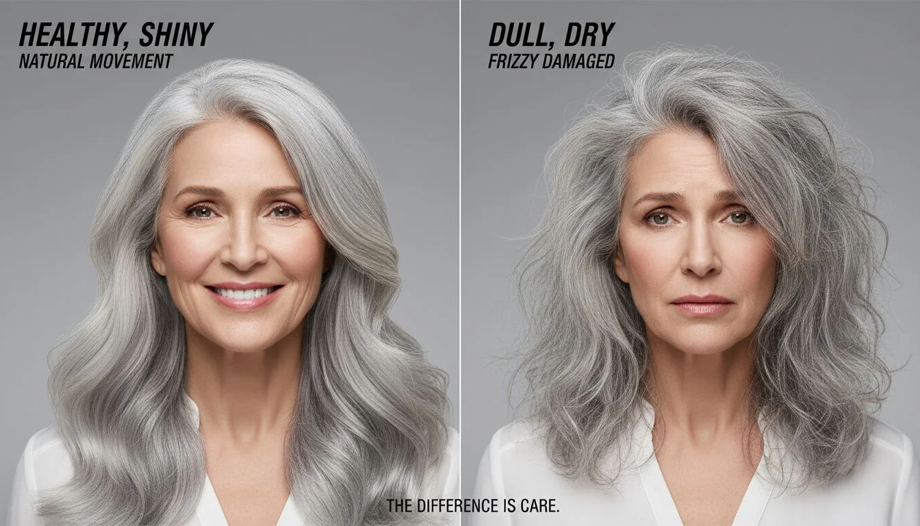 Comparison of healthy shiny gray hair versus dull damaged gray hair