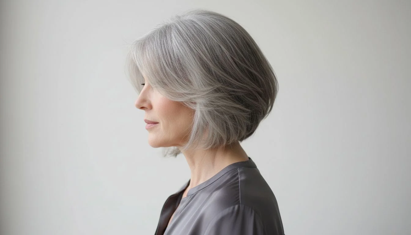 Layered silver gray haircut with face-framing pieces on mature woman