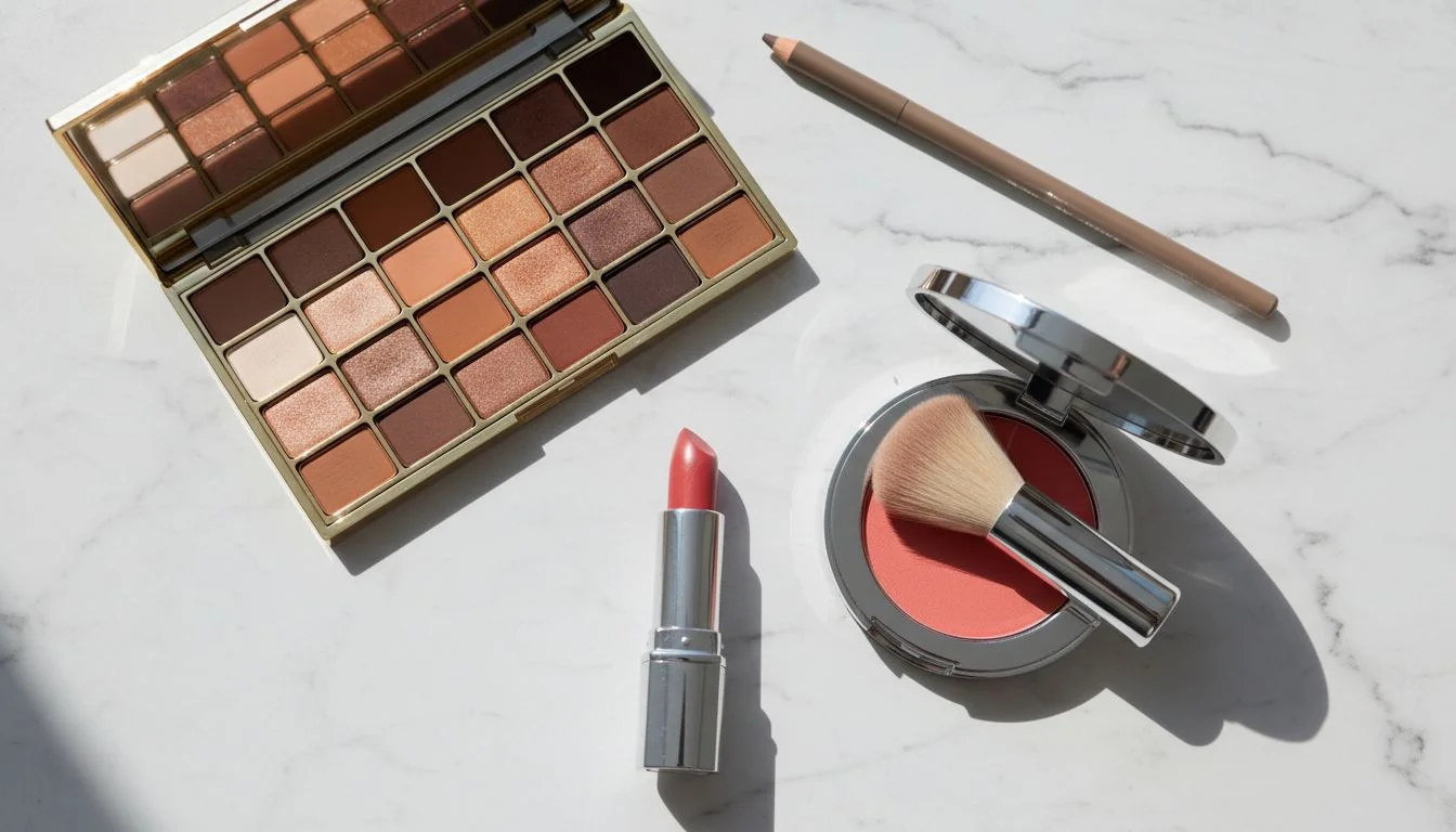 Makeup palette with warm rose and coral tones ideal for gray hair