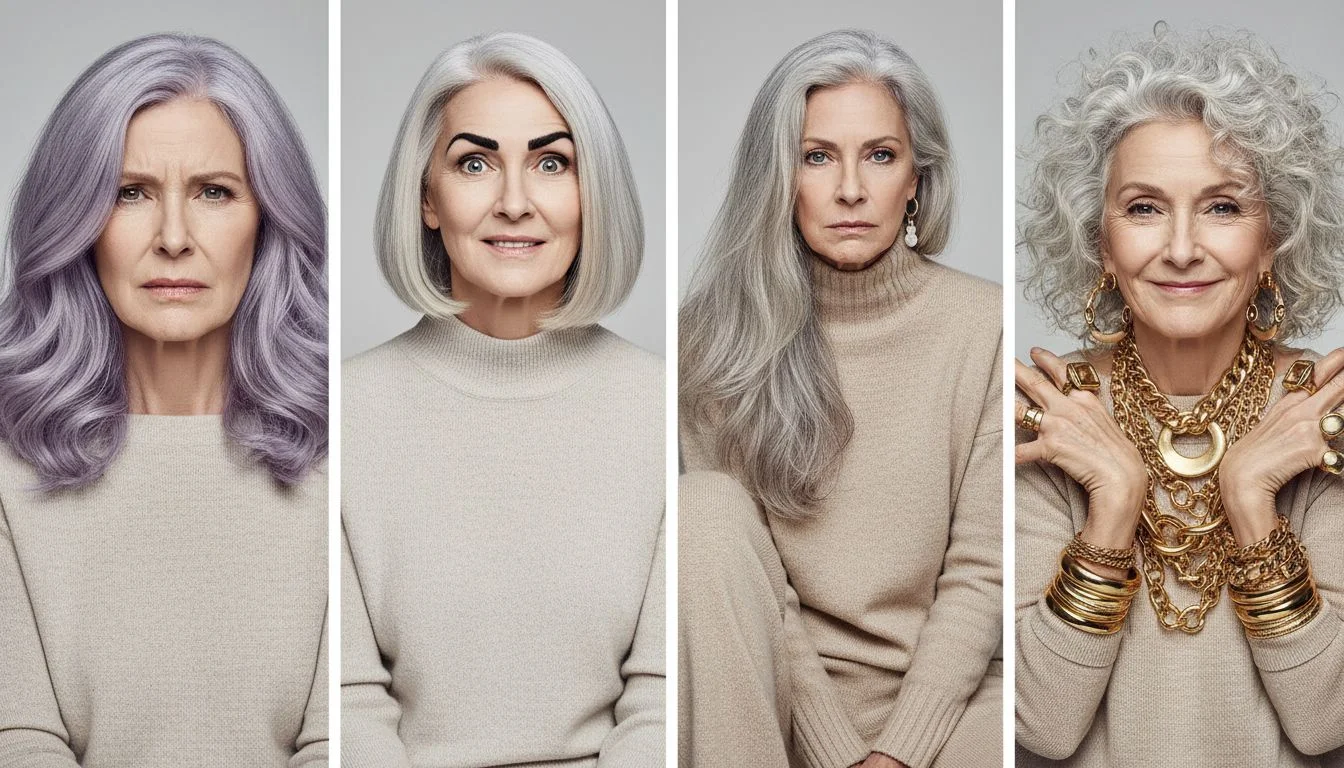 Visual guide showing common styling mistakes with gray hair to avoid